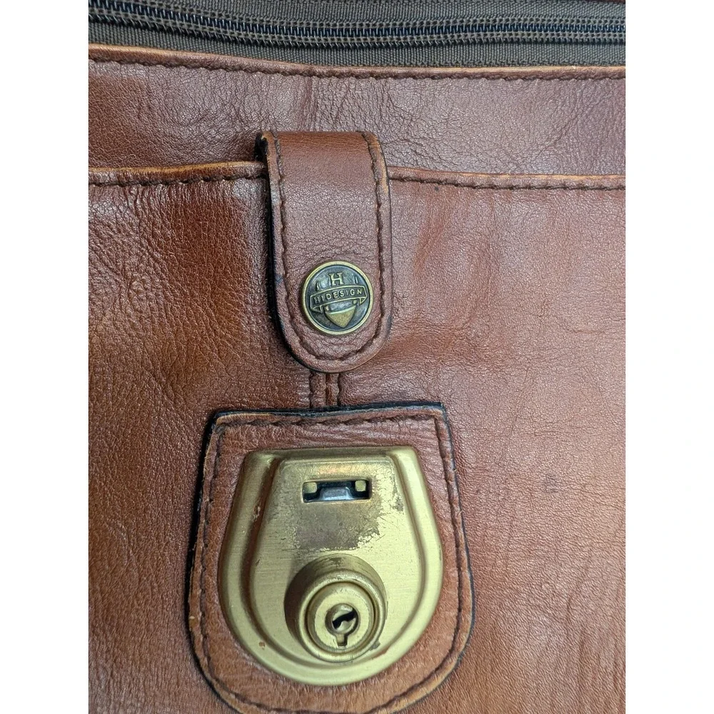 Hidesign Vintage Brown Leather Briefcase Plaid Lining Brass Hardware Messenger